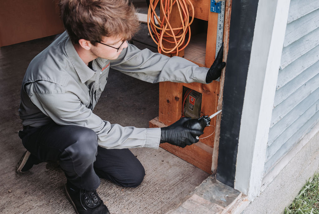Pest control technician inspecting home