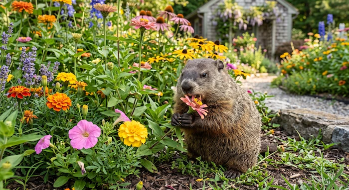 groundhog eating flowers in a garden