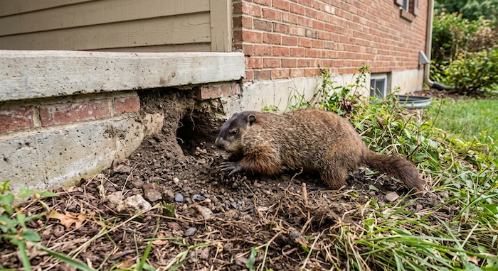 groundhog burrowing under a home